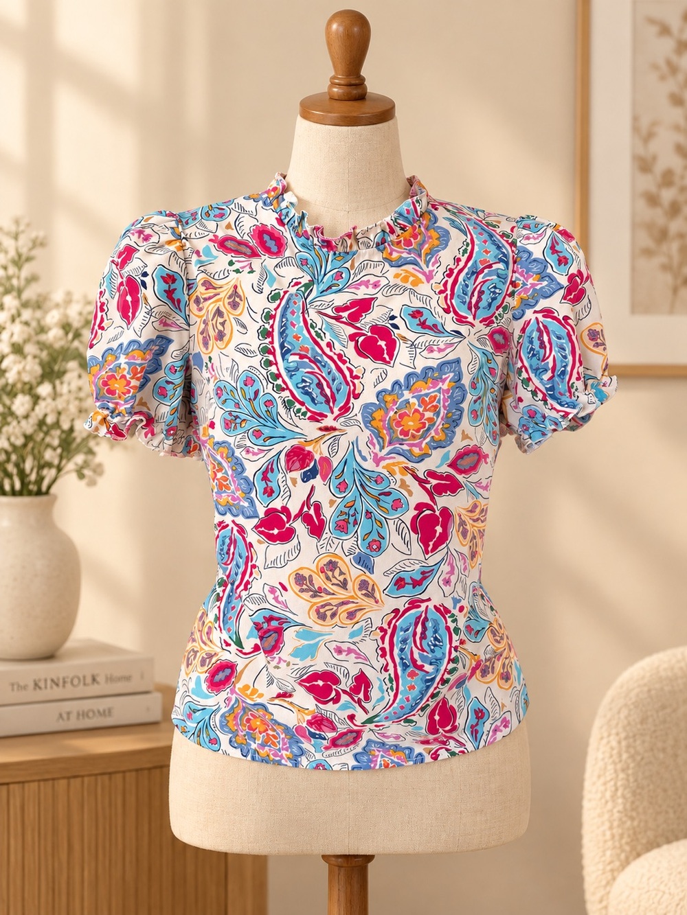 SHEIN White Multicolor Paisley Ruffle Neck Puff Sleeve Top
